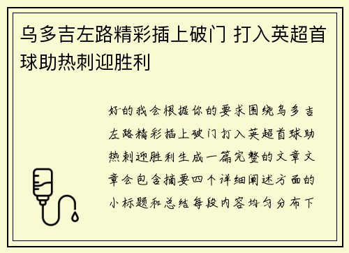 乌多吉左路精彩插上破门 打入英超首球助热刺迎胜利